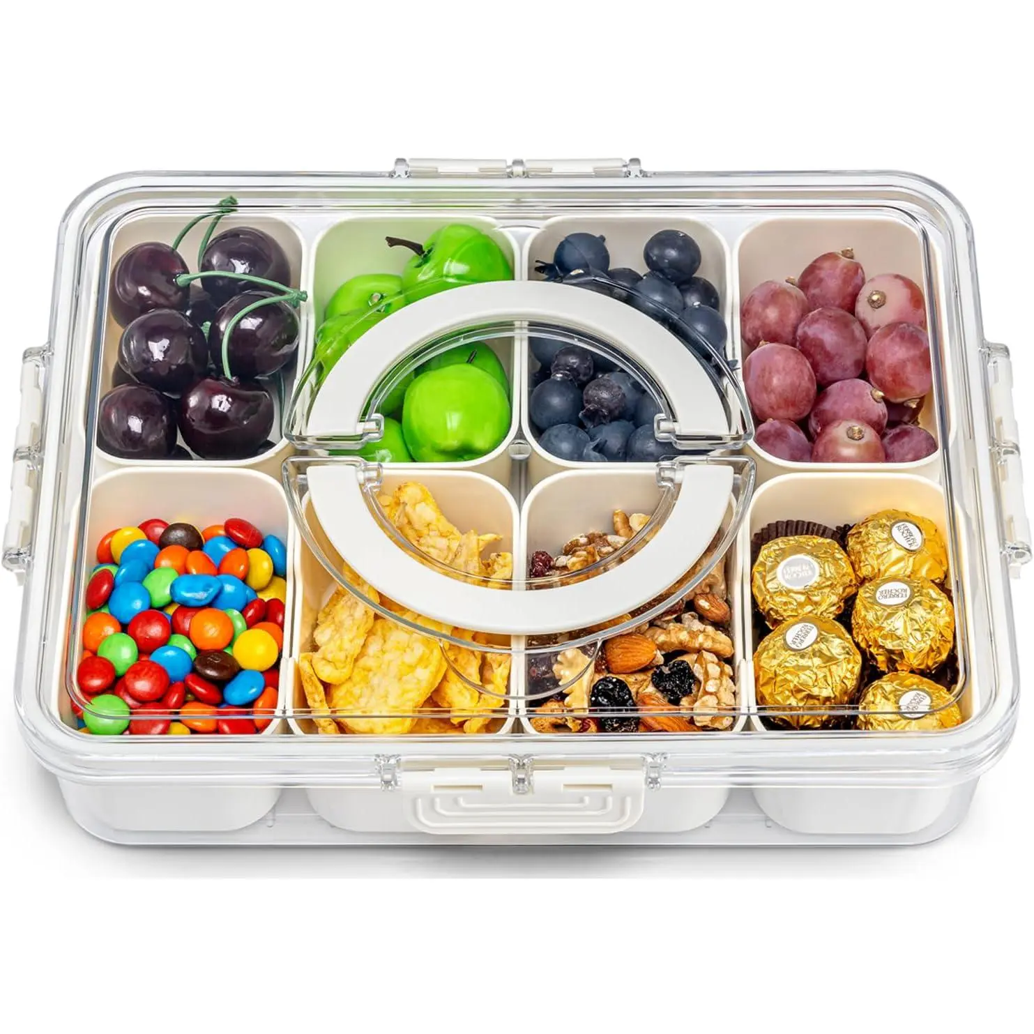 Air-Tight Shackle Box Container –Divided Serving Tray with Lid & Handle–Clear Snack box for Fruits, Candy & Nuts–Portable for Travel & Daily Use (8 Inside Containers Dishwasher Safe)