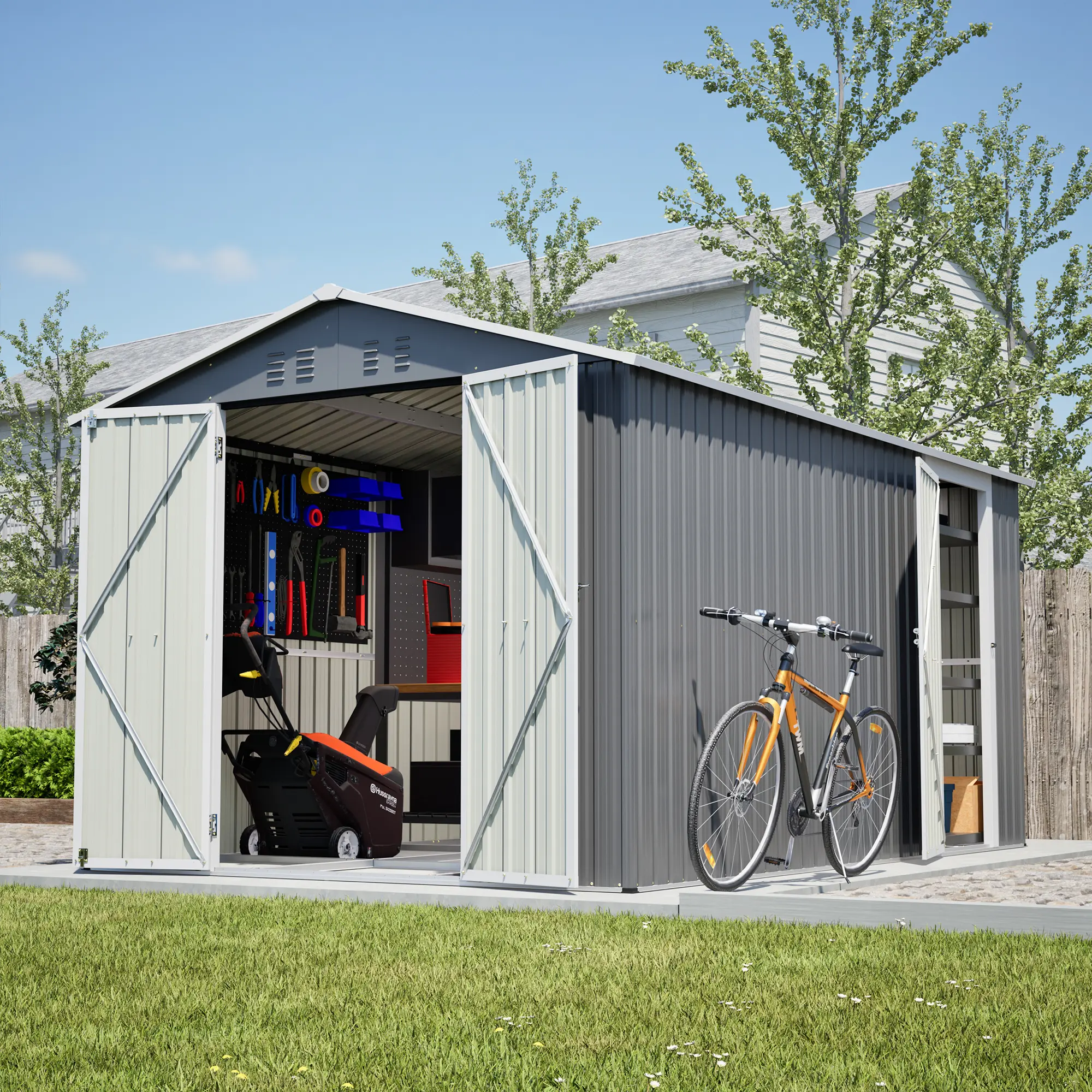 8x12 FT Heavy-Duty Metal Storage Shed with Floor Frame, Grey Outdoor Garden Shed with Additional Side Door & Lockable Main Doors, Aluminum Frame Construction – Available in 1-Door or 2-Door Versions