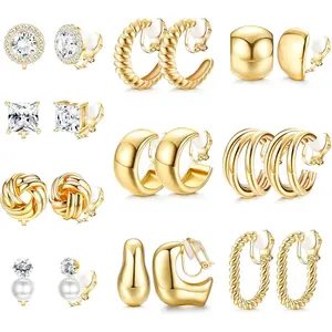 CASSIECA 10 Pairs Clip On Earrings for Women Non Pierced Ears CZ Pearl Knot Twist Chunky Hoop and Studs Earring Set Ear Clips Jewelry Gold Silver Tone