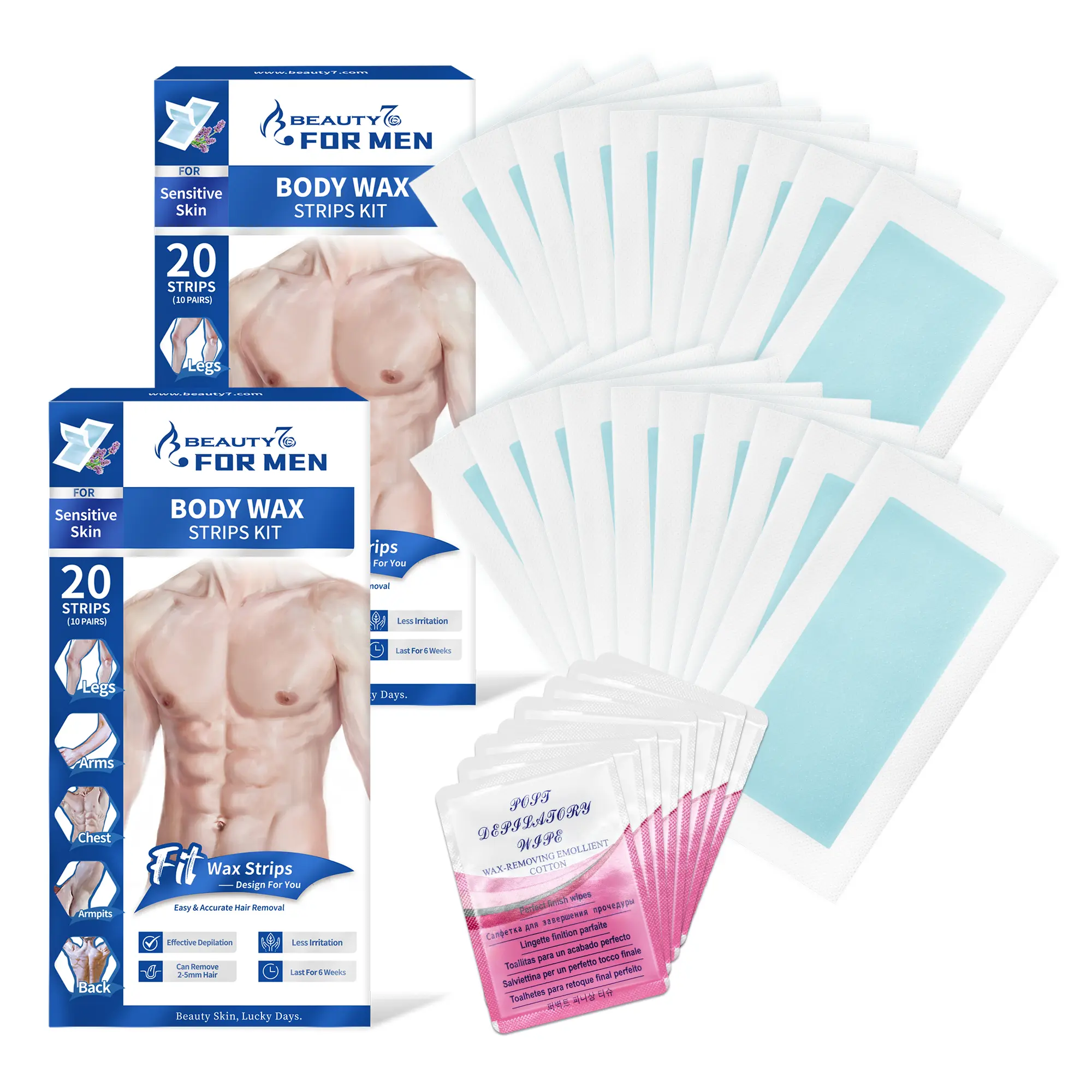 Beauty7 Men's Cold Wax Strips Kit - 48 Double-Sided Rub Warm Waxing Strips, Fragrance-Free, Beeswax & Jojoba Seed Oil, Gentle Remover for Sensitive & All Skin Types, At-Home Body Care Hair Removal (Chest, Legs, Arms), Up to 6 Weeks Results, Smooth
