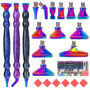 1/ 3pcs Glitter Gourd Pen Shaped Plastic Pen + 12pcs Rose Golden/ Colorful Drill Bits + 6pcs Red Glue + 1pc Plastic Box Threaded Diamond Painting Dot Drill Tool Set