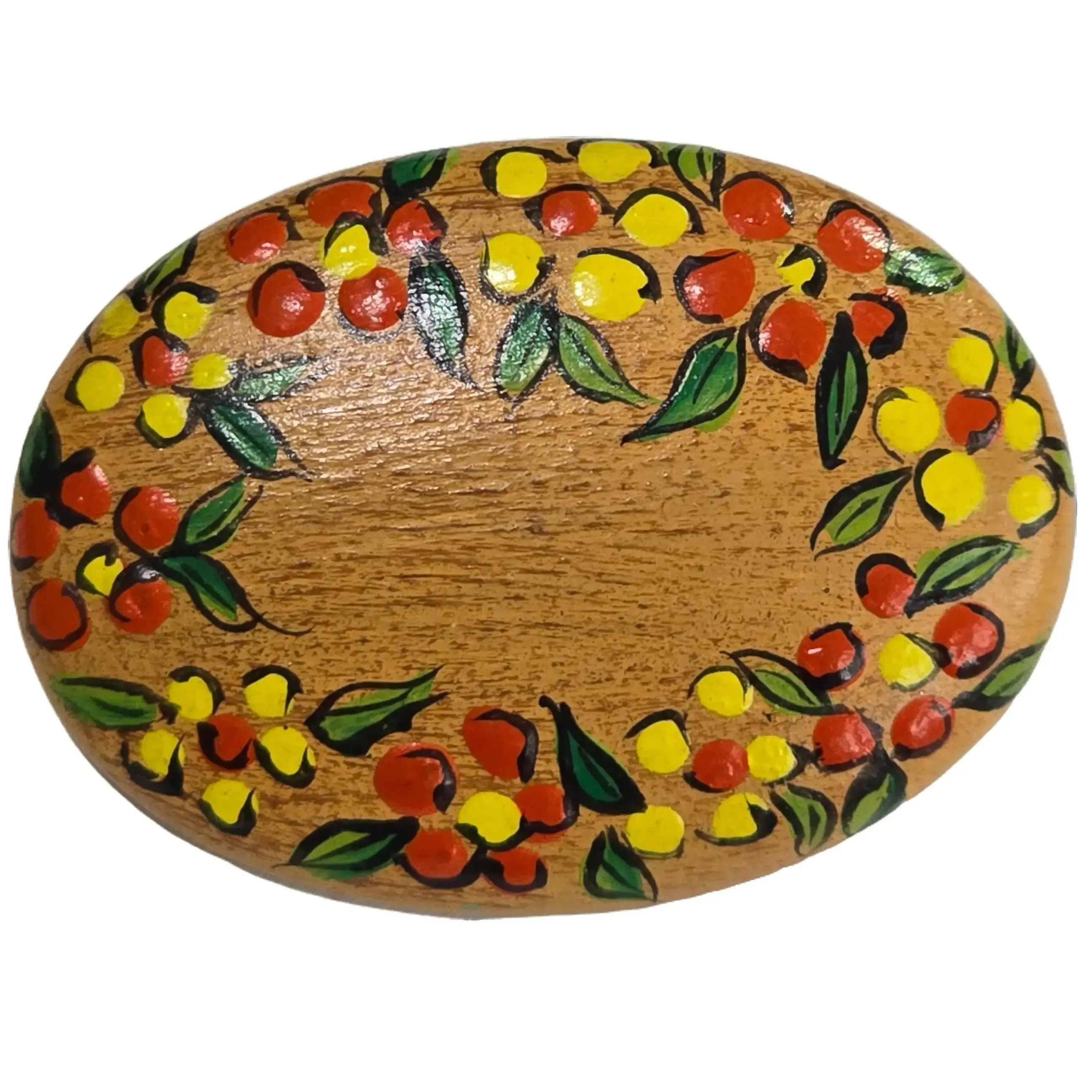 Vintage Artist Signed Oval Wood Slab Brooch with Hand-Painted Red & Yellow Flowers Retro Estate Jewelry Brooch