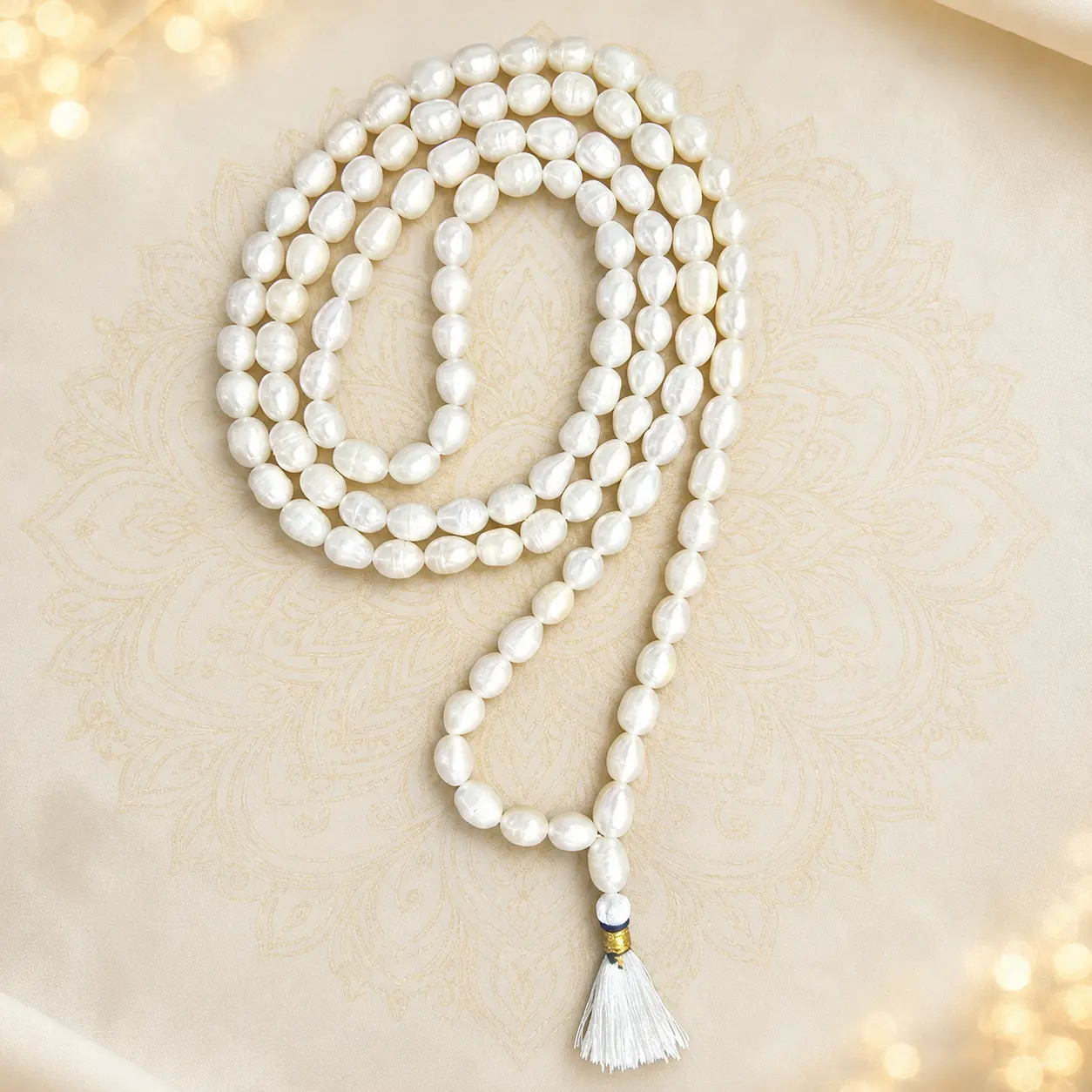 Pearl Japa Mala w/ 108 Beads & White Tassel, 20"