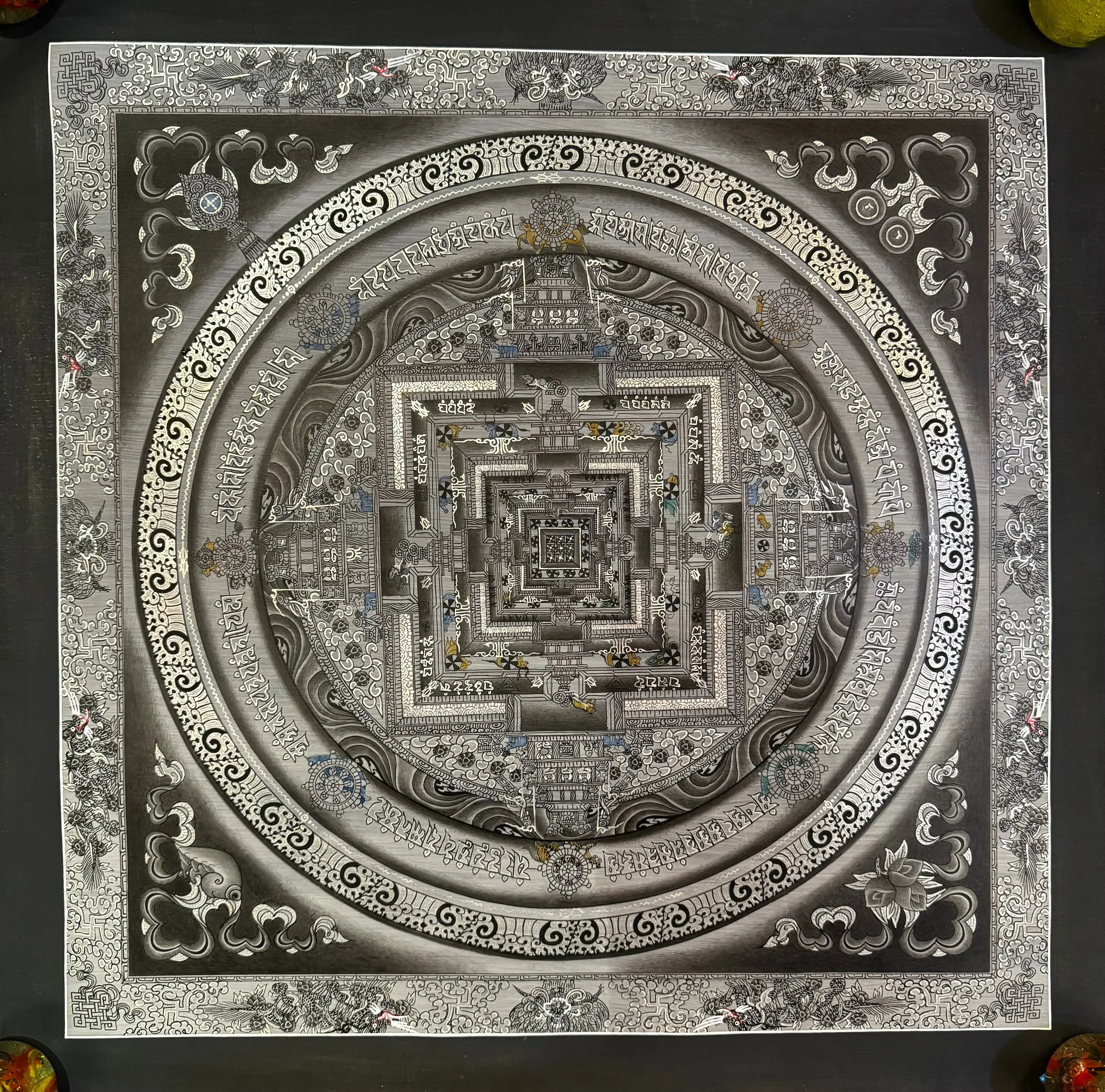 Authentic Tibetan Kalachakra Mandala Thangka - Premium 24K Gold & Pure Silver Background, Handmade Spiritual Enlightenment Thanka Art