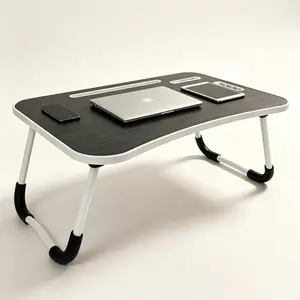 USB Foldable Computer Desk - Folding Lap Desk, Portable Wood Laptop Bed Desk with Cup Holder, Multi‑Purpose Foldable Table for Working Reading Eating Watching Movies on Bed Sofa Couch Floor, black