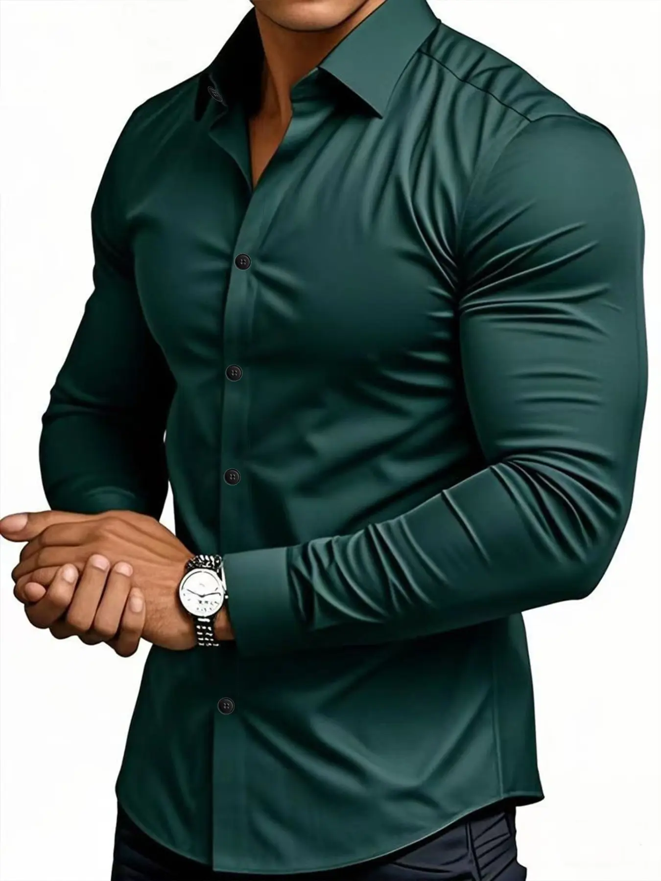 Men's Elegant Classic Formal Fitted Long Sleeve Collared Office Shirt, Solid Color Design with Buttons, Perfect for Dates & Professional Meetings Cs36 Dark Fabric