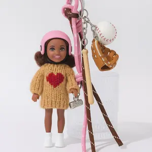 Doll Charm Keychain – Trendy Knit Sweater Mini Doll with Heart & Baseball Accessories | Cute Bag Pendant for Girls & Teens