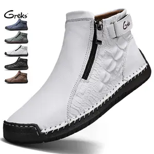 GREKS Men's Side Zip Ankle Boots with Textured Detail & Hook Loop Strap Easy On Off Casual Walking Shoes Comfortable Driving Shoes Black Rubber