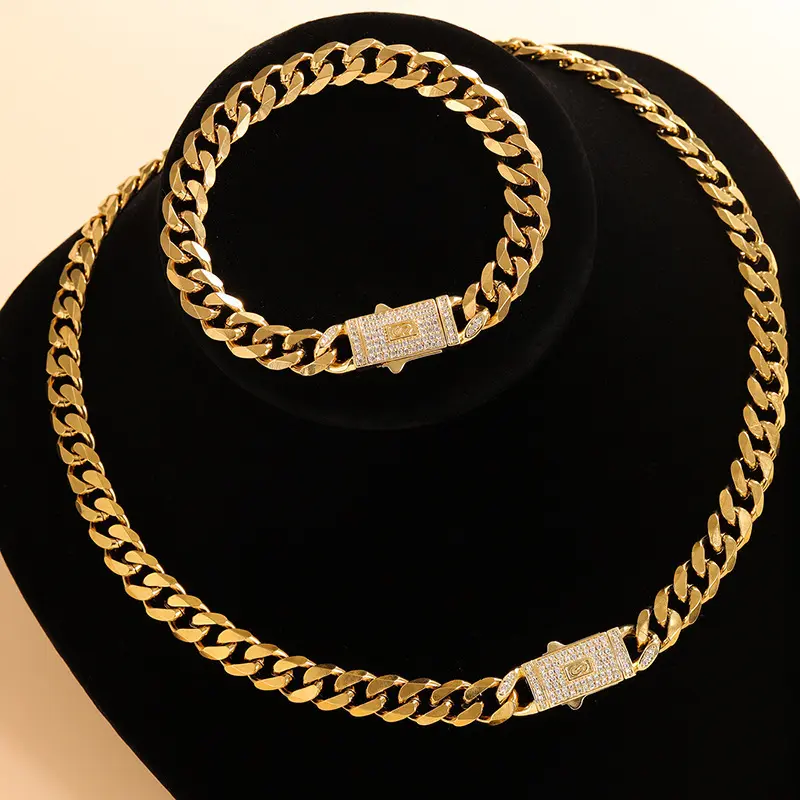 Thick Cuban Chain Necklace & Gold Bracelet Set, Unisex Hip Hop Style ...