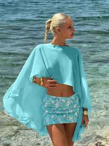 Women's Turquoise Chiffon Cape Top with Sequin Mini Skirt Set | Elegant Beachwear | Aqua Blue Two-Piece Beach Set | Sheer Cape Sleeve Short Top + Sparkling Sequin Skirt | Vacation Outfit for Female Fashion Enthusiasts in Summer