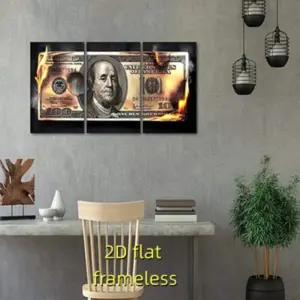 3 pieces of $100 banknote canvas posters, modern burning dollar canvas wall decorative artworks 2D flat printing frameless paintings