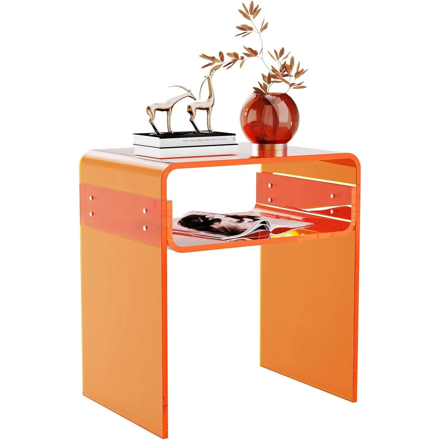 Solaround Vibrant Orange Acrylic End Table & 2-Tier Nightstand | Modern Clear Side Table with Double Storage | Aesthetic Bedroom & Living Room Decor