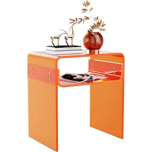 Clear Acrylic End Table 2-Tier Bedside Nightstand for Living Room Bedroom Home Decor Orange Easy Assembly Double Storage Space Transparent Stylish Modern Design