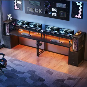 L Shaped Gaming Desk with Shelves Storage Drawers 59'', White Computer Desks with LED Lights Power Outlets, Office Wood Table with PC Stand Cable Management for Bedroom Dual Monitor Streaming