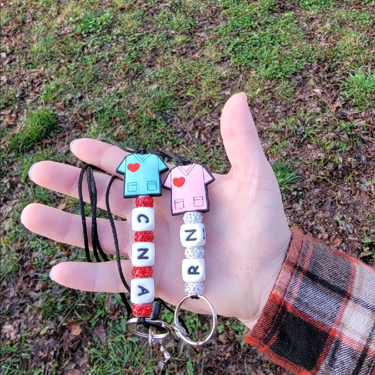 The Red Raven's Creations Handmade CNA Key Lanyard with Personalized Name Beads and Heart-Shaped Charms for Keys