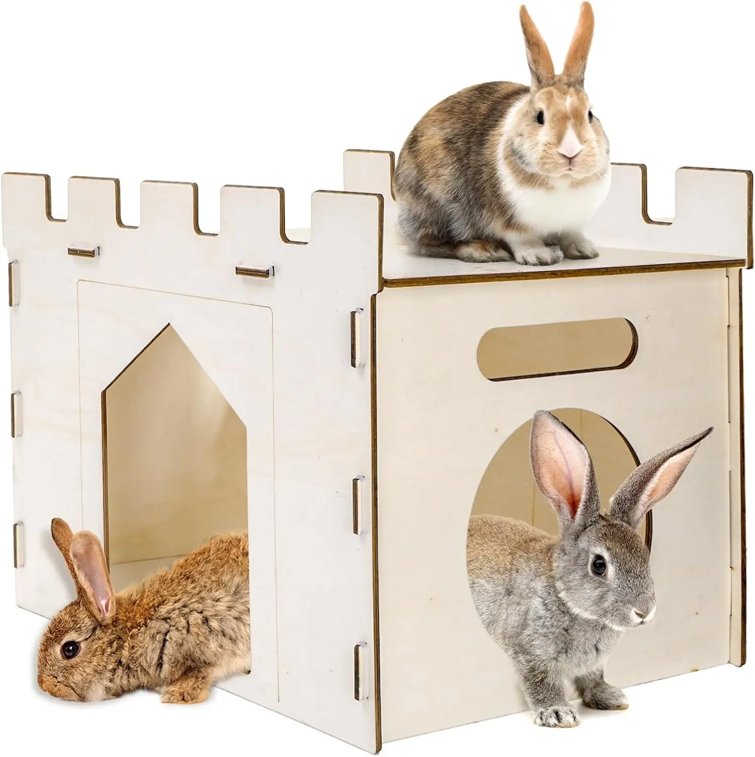 Rabbit Hideout Castle, Wooden Bunny Houses and Hideouts, Detachable Small Animal Play Hideaway Hut and Playhouse for Indoor Bunnies Guinea Pig Hamster Chinchilla Gerbil