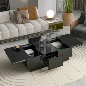 [VIDEO provided] ON-TREND Coffee Table with 2 large Hidden Storage Compartment, Extendable Cocktail Table with 2 Drawers, High-gloss Center Table with Sliding Top for Living Room, 39.3"x21.6", Black Furniture Lounge desk gaming desk