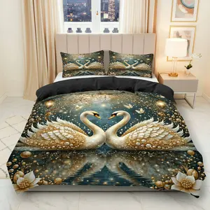 3PCS Duvet Cover Set, 1 Duvet+2 Pillowcases(Without filler), Elegant Swan Love Romantic Nature Art Deco theme, No Festival bedding set, Luxury Glamour Design Suitable for decoration Bedroom Hotel Guestroom Lounge