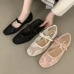 [Back to School] Soft Sole Ballet Shoes, Embroidered Mesh Flats for Women, Summer Mary Jane Style, Elegant Daily Dress Shoes, Breathable Stylish Flats with Bow