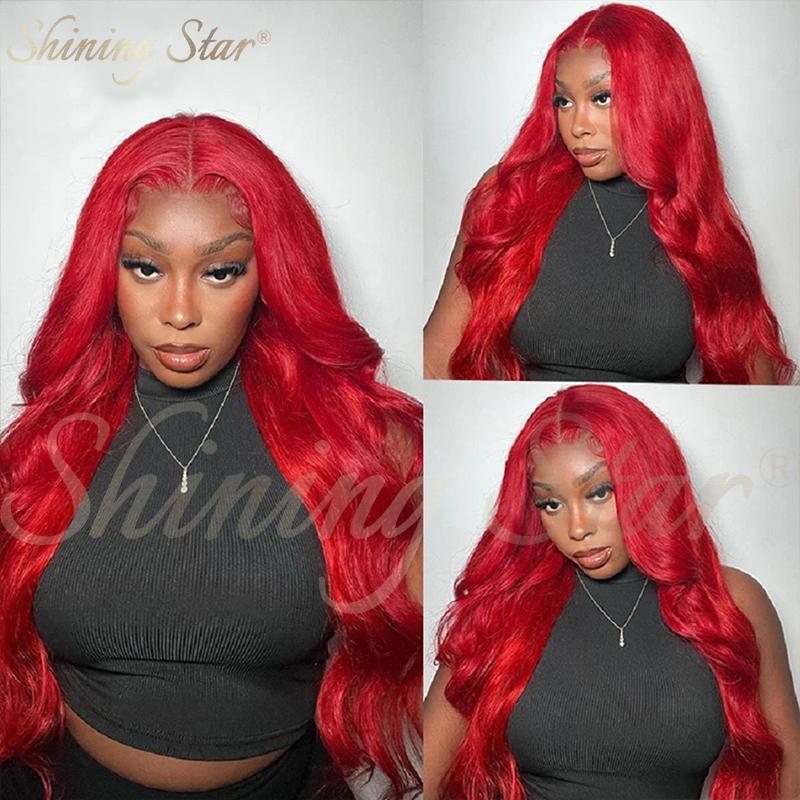 ShiningStar Red Body Wave 13X1 HD Transparent Lace Front Human Hair Wigs for Women Colored Brazilian Deep Part Wig 28INCH