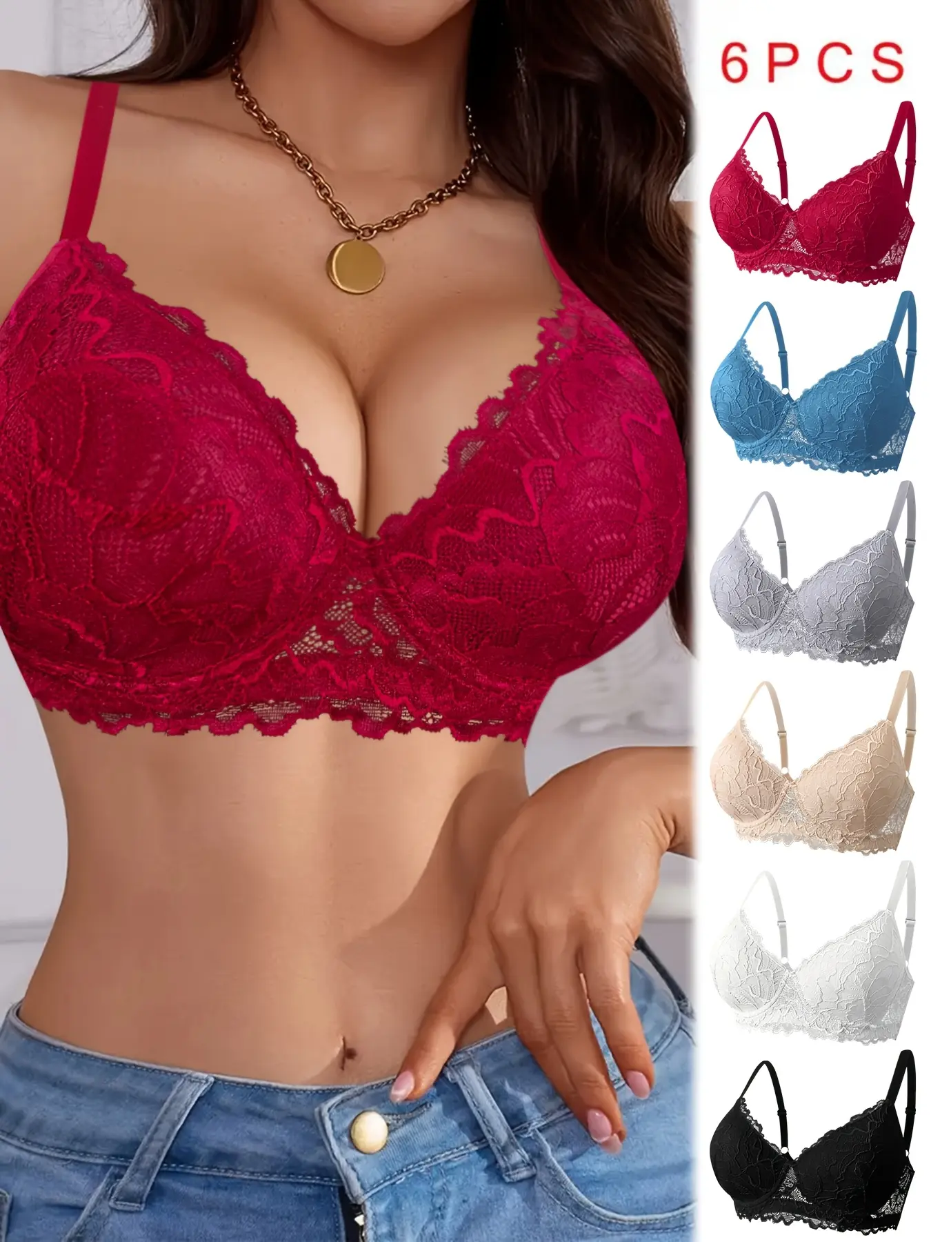 Women’s bras, 6-pack, solid-color soft cotton wire-free bras, thin cup design, light support, adjustable straps, comfortable everyday basic underwear for all-day wear