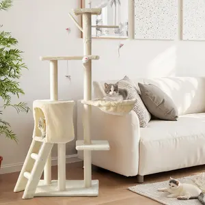 Raybee Cat Tree Tower with Cozy Cat Condo Soft Padded Perch and Natural Sisal Scratching Posts Interactive Hanging Toys for Cats Kittens