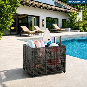 Pool Float Storage Bin, 33.5 x 26 x 29.5 in Outdoor Mesh Rolling Cart with 200 lbs Capacity, PE Rattan Style Organizer with Wheels for Pool Noodles, Toys & Equipment, Hollow Gray