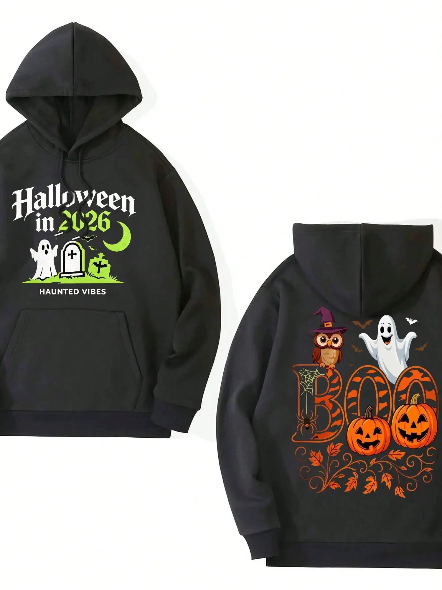 2026 Halloween Boo Owl Ghost Dual Side Art Print Plush Lined Hoodie With Kangaroo Pocket Holiday Surprise Gift For Mates Cosplay T-Shirt Casual Classic