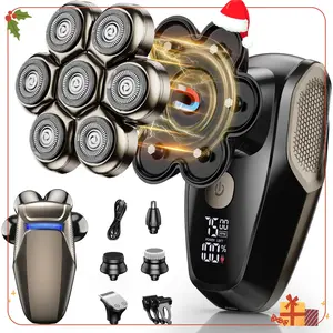 5-in-1 Detachable Head Shavers for Bald Men Upgraded 2.0 Magnetic 7D Electric Shavers IPX7 Waterproof Wet Dry Grooming Kit with Type C Charging & LED Display - Gold Brush Comb