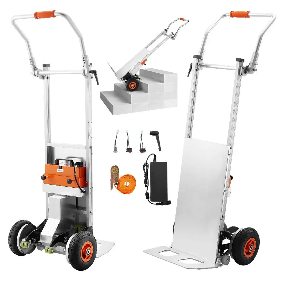 【Summerfinds】Portable Heavy-Duty Silver Aluminum Alloy Electric Stair Climbing Dolly, 440lbs Capacity Hand Truck, 157.5in Rope Folding Handle, Dustproof Motor, 61.4x21.3x13.4in, 100-240v, for Moving Furniture & Warehouse Logistics (Father's Day Gift), 74.