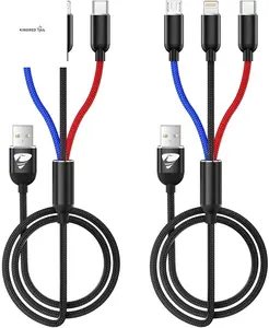 2 Pack Multi Charging Cable, 3 in 1 Multi Phone Charger Cable Fast Charging Cord with USB C, Micro USB Cable Compatible with Iphone/Ipad/Samsung/Android Phone, Black