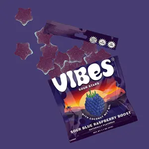 Vibes Candy Sour Blue Raspberry Boost Sour Stars | 6-Pack Gummy Candy | Sweet, Sour, Chewy Snack | Vegan, Gluten-Free, Low Sugar, High Fiber