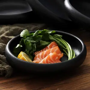 Japanese Salad Plate,Black Plates and Bowls Set,Stoneware Black Plate Set,Appetizer Plates Set of 4,5.5inch,14oz(Texture Matte Black)