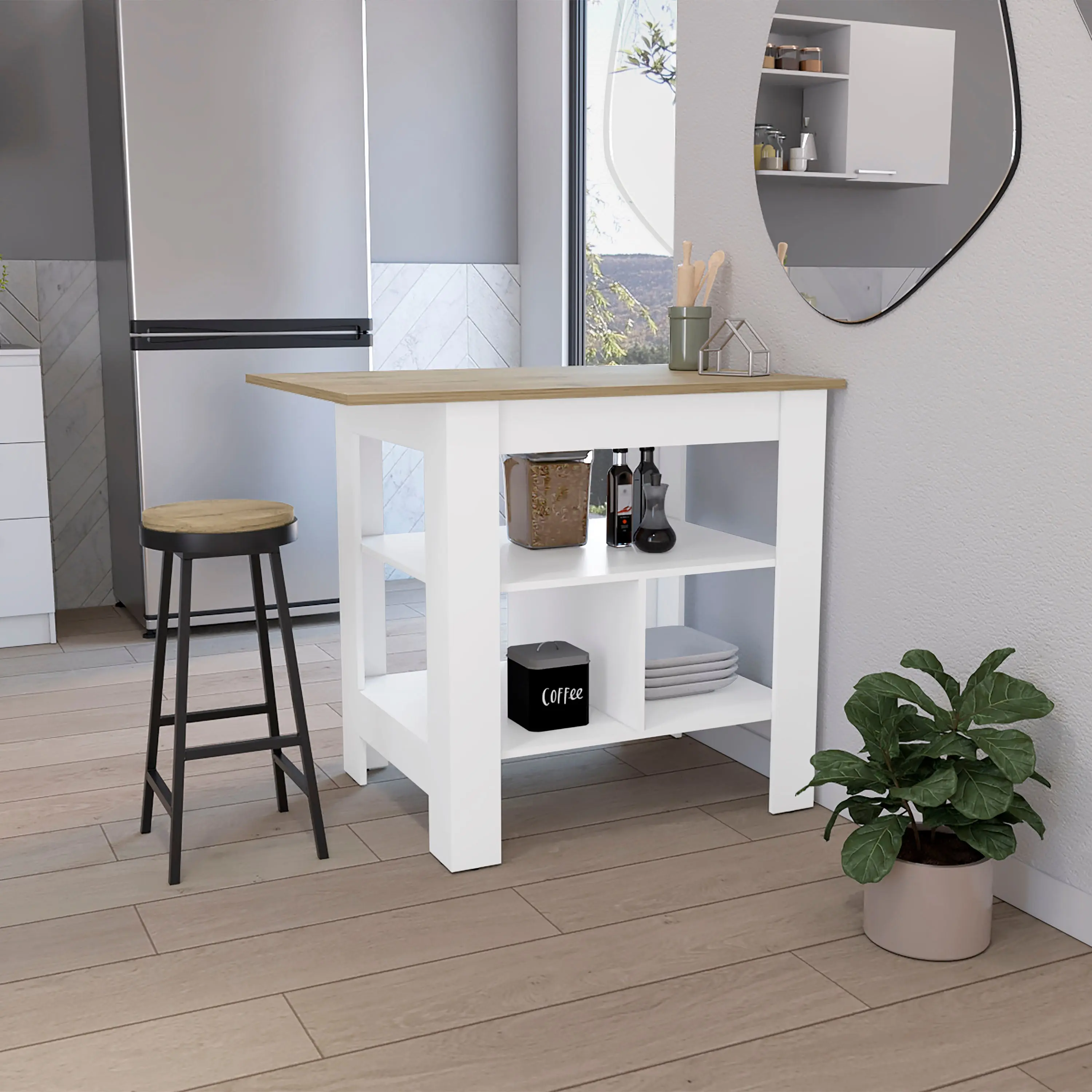 Dreamzon furniture Kitchen Island, kitchen table 35" H, 3 Open Shelves, White/Macadamia