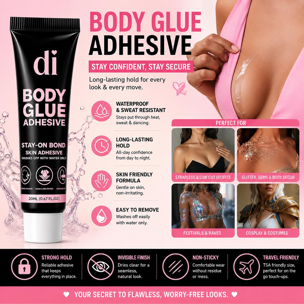 Body Glue Skin Adhesive - Invisible Waterproof Strong Hold for Strapless Dresses & Festival Wear - Sweat Resistant with Easy Removal, Compact & Portable 20ml, Aqua, Glycerin, Diglycol Crosspolymer, Fashion Emergencies, Skin-Friendly Formula, Lightweight,, Body Glue Skin Adhesive - Invisible Waterproof Strong Hold for Strapless Dresses & Festival Wear - Sweat Resistant with Easy Removal, Compact & Portable 20ml, Aqua, Glycerin, Diglycol Crosspolymer, Fashion Emergencies, Skin-Friendly Formula, Lightweight,,