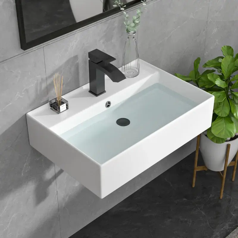 Logmey 23"x16"  White Rectangular Ceramic Bathroom Sink, Dual Mount Wall Mount & Above Counter Vessel Sink with Pre-Drilled Single Faucet Hole & Overflow, Stain Scratch Resistant Vanity Basin, Summer Bathroom Sink