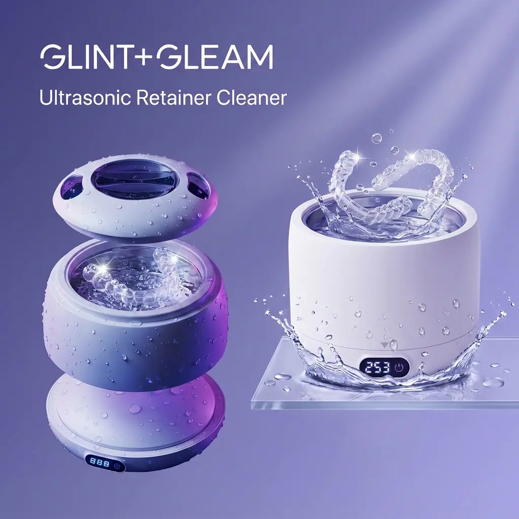 Glint & Gleam Ultrasonic Cleaner Machine Retainer & Denture Cleaning with UV for Invisalign, Aligners, Mouth Guards, Night Guards, False Teeth & Dental Appliances
