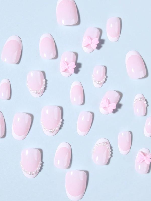 24Pcs Short Oval Press-On Nails | Pink Bow & Pearl White French Acrylic Nails