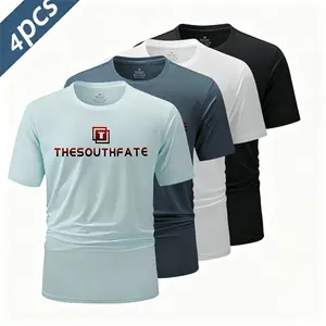 Men’s casual 4-pack crewneck T-shirts; men’s slightly stretchy fitness wear; men’s sports T-shirts made from polyester fabric—comfortable and soft, suitable for workouts, sports, cycling, and everyday casual wear; machine washable., Fitness Clothes Tops,