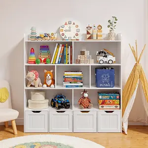 Gizoon Toy Storage Cabinet and Kids Bookcase with 4 Movable Drawers and 8 Open Shelves Toy Chest Shelf Organizer with Hidden Wheels for Playroom Nursery Kids Room