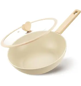 KOCH SYSTEME CS Wok with Lid, 5 Quart Wok Pan with Nonstick Cream Interior, Nonstick Wok with Cool-touch Heart-shaped Handles, Flat Bottom Woks with Lid, Deep Pan Induction Compatible, Cream Woks - 11 Inch