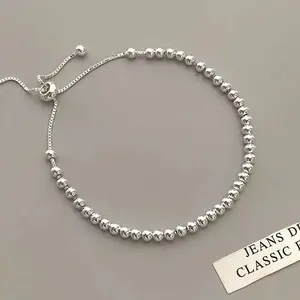 100% Solid 925 Sterling Silver Metal Bracelets for Women Men Beads Adjustable Handmade Simple Bracelet Birthday Christmas Gifts