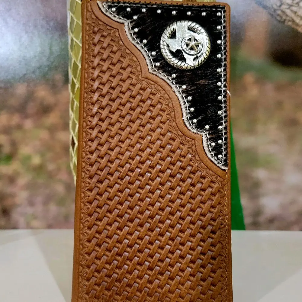 Texas concho Western Genuine Leather cowhide Wallet Handtooled Bi-Fold 7 Inches Long with Credit Card Slots, Cash Compartments & Back Pocket brown and tan Exquisite Cardholder