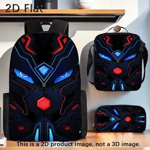 Cool Mecha Robot 3PCS Backpack Set, Futuristic Neon Print School Backpack with Lunch Box & Pencil Case, Lightweight Durable Daypack for Boys Teens, Ideal Tech Style School Supplies Gift