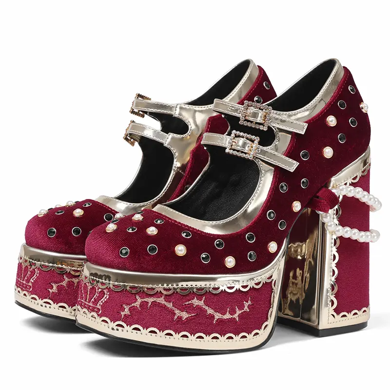 Burgundy Velvet Platform Mary Jane Heels Women's Gothic Lolita Style with Pearl & Rhinestone Accents  Double Buckle Straps and Pearl Chain Heel Detail Chunky Block Heel Gold Trim & Lace Embroidery Round Toe Adjustable Buckle Closure Elegant