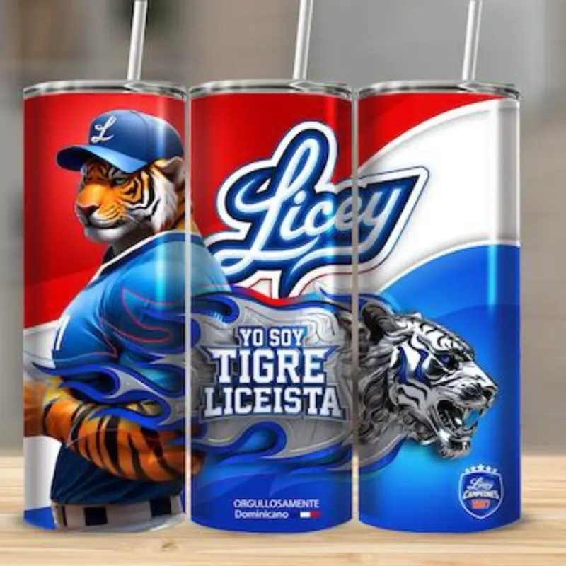 Dominican Republic Flag & Tiguere Del Licey 20oz  skinny STAINLESS STEEL TUMBLER W Lid-straw Drinkware Bottle Washable Portable Bottled