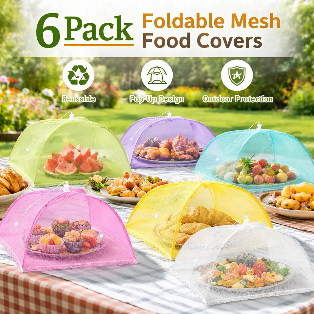 6 Pack Sturdy Nylon-Steel Outdoor Mesh Food Covers - Reusable, Collapsible, Washable, Bug-Proof Fly Screens for Picnic, BBQ, Hike - 17x17 in (17"l x 17"w x 8"h), Lightweight, Portable, Easy to Store Kitchen Gadget