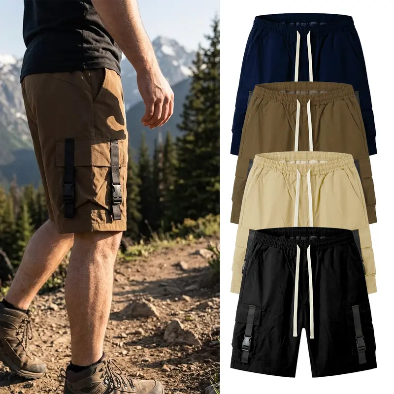 Men's 2026 Gorpcore Techwear Cargo Shorts - Single Buckle Ribbon, Chic Design, Regular Fit, Knee-Length, Breathable Fabric, High-Capacity Side Pockets, Tie Front, Asian Sizes, Outdoor Hiking, Black, M, Plus Size