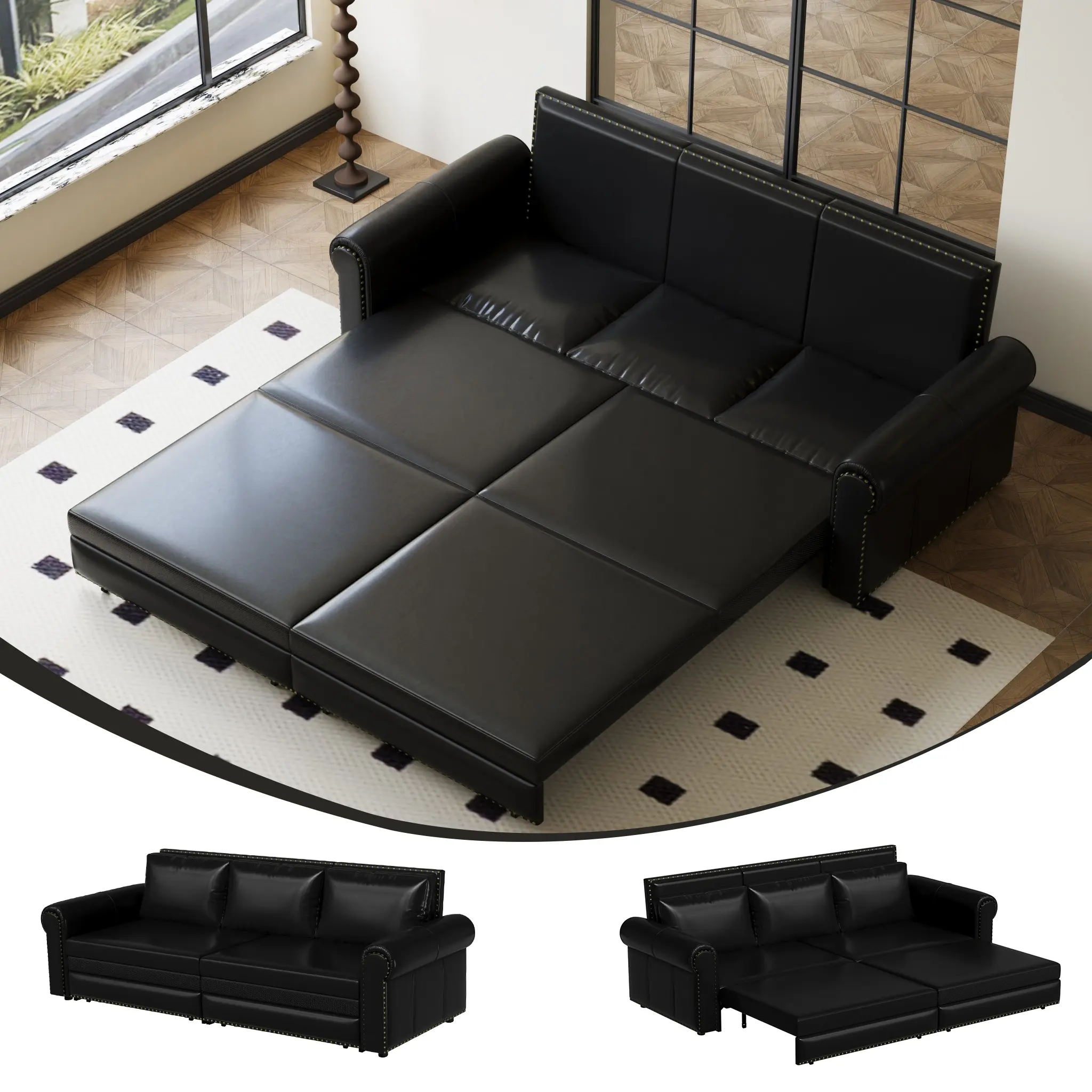 Eyisean 93.7" King Size 3 In 1 Faux Leather Foldable Couch Sleeper Sofa Bed with Armrest, Pillows, Sponge Cushions, Cushion Covers, Retro Vintage Stain-Resist Top, Sturdy Steel Frame, Upholstered Chaise Lounge for Living Room