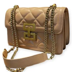 Creamsickle Purse - Quilted Leather Crossbody Bag with Gold Chain Strap and Logo Buckle